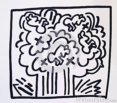 Drawing by Keith Haring crawling babies in tree Stock Photo