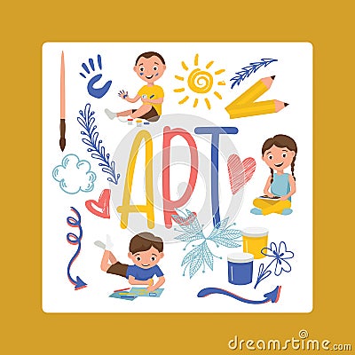 Drawing kids vector boy girl character painting in childish art-school with artist tools paint brushes palette for color Vector Illustration