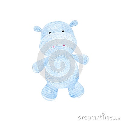 Drawing of a knitted toy of a funny little blue hippo Stock Photo