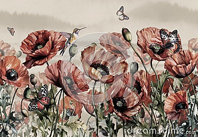 drawing landscape pattern of poppy flowers with buds with butterflies and hummingbird with beige background Stock Photo