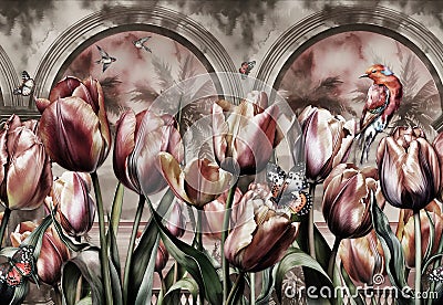 drawing landscape pattern of tulip flowers with buds with butterflies and bird with arch pink background Stock Photo