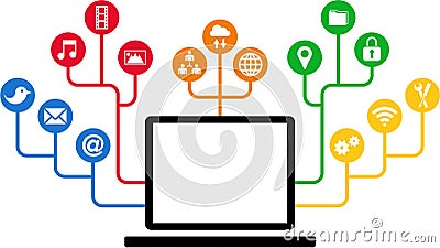 Laptop & Social Media icons, communication in the global computer networks Vector Illustration