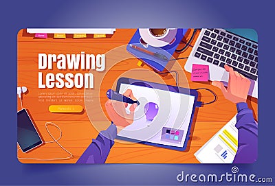 Drawing lesson banner with designer workplace Vector Illustration