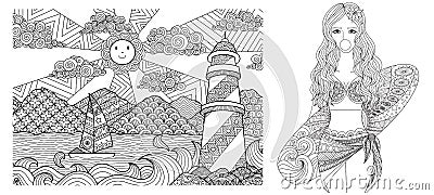 Drawing of Lighthouse and sexy lady on the beach for adult coloring book,coloring and other deign element. Vector illustration Vector Illustration
