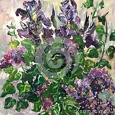 Drawing of lilacs and irises Stock Photo