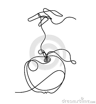 Drawing line apple with hand on the white Stock Photo