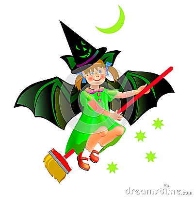 Drawing of little girl dreaming about presents in festive Halloween night. Image of fairy flying on broomstick. Book cover for Vector Illustration