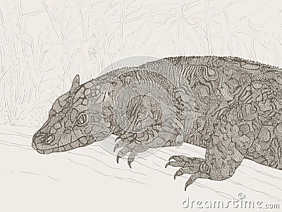 A Drawing Of A Lizard - A goanna basks in the warmth of the outdoors Vector Illustration