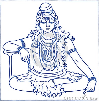 Drawing or Sketch of Lord Shiva Outline Vector Illustration. Design Element of Shiv text Mahadev, Trishul and Three Tilak Vector Illustration