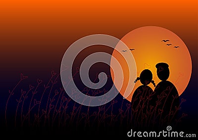 Drawing of lover watching sunset Vector Illustration