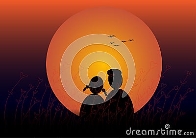 Drawing of lover watching sunset Vector Illustration