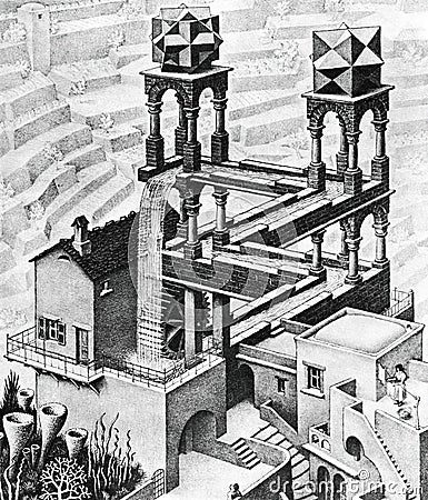 Drawing by m.c. escher titled the waterfall optical illusion Editorial Stock Photo