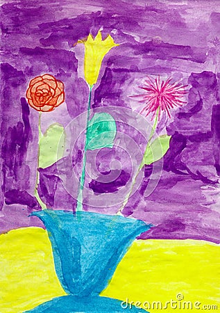 Drawing made child - Flowers in vase on violet Stock Photo