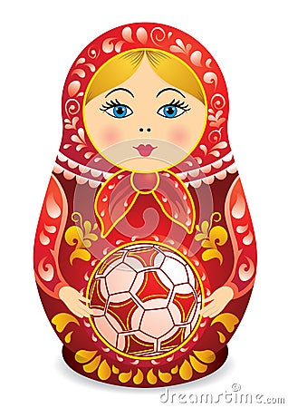 Drawing of a Matryoshka in red and yellow holding a soccer ball in her hands. Matryoshka doll also known as a Russian nesting doll Vector Illustration