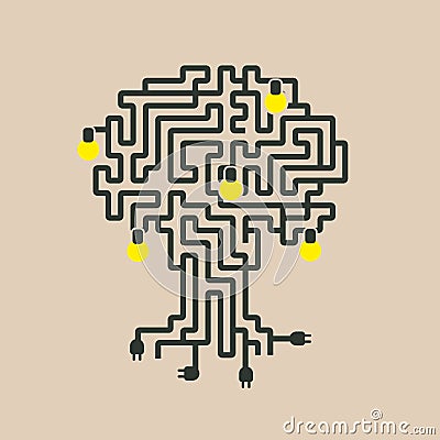 Drawing a maze of electrical wires to plug and lamp in style Vector Illustration