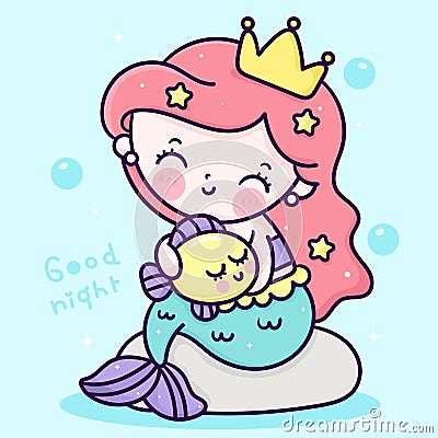 Drawing Mermaid cartoon Little princess fairy hug kawaii fish animal for sweet dream good night Vector Illustration