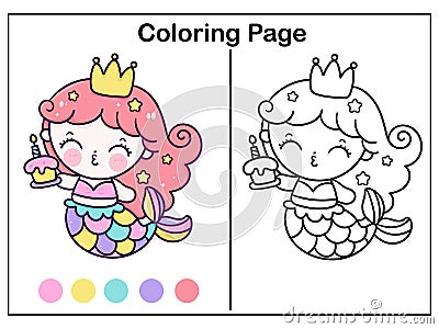 Drawing Mermaid coloring page cartoon little princess holding cupcake for birthday party vector kawaii fish anima Vector Illustration