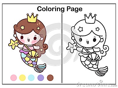 Drawing Mermaid coloring page cartoon little princess vector kawaii with starfish animal Vector Illustration