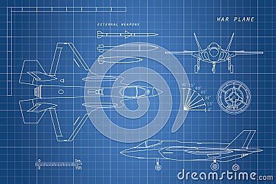 Drawing of military aircraft. Top, side, front views. Fighter jet Vector Illustration