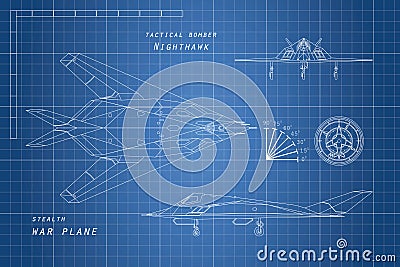 Drawing of military aircraft. Top, side and front views. War plane. Vector Illustration