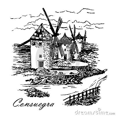 Drawing mill of Don Quixote in Consuegra in Spain, Castile La Mancha, graphic illustration Vector Illustration