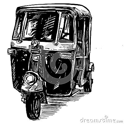 Drawing of the motorcycle tricycle in India Vector Illustration