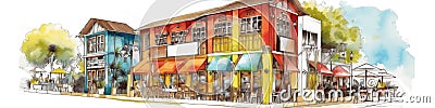 A drawing of a multi - colored building on a street corner. AI generative image Stock Photo