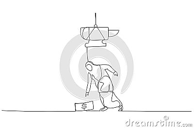 Drawing of muslim business woman almost crushed by anvil money trap. Single continuous line art style Vector Illustration