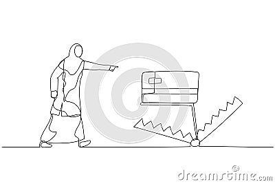 Drawing of muslim business woman walk into credit card trap showing danger of debt. One line art style Vector Illustration