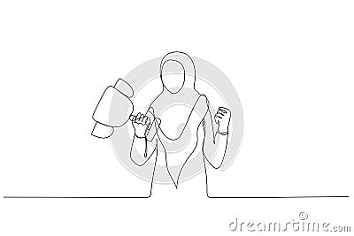 Drawing of muslim businesswoman celebrate success holding winning trophy. Single line art style Vector Illustration