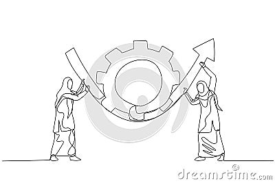 Drawing of muslim businesswoman partner help rotate gear cogwheel to make arrow rising up concept of business transformation. One Vector Illustration