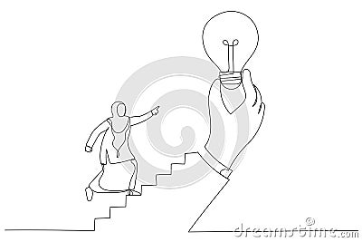 Drawing of muslim businesswoman step on stair of big hand holding inspiring bright lightbulb. Inspiration idea. Single line art Vector Illustration