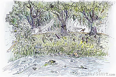 Drawing of nature on the coast of the reservoir. Stock Photo