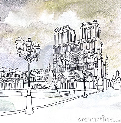 Drawing of Notre Dame de Paris, France Stock Photo