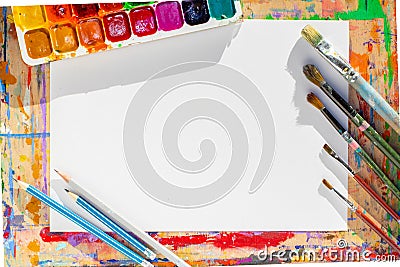 Drawing objects background. Pencils, paint brushes, paints Stock Photo