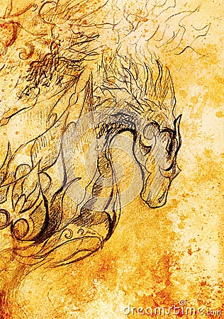 Drawing of ornamental animal on old paper background and sepia color structure. Stock Photo