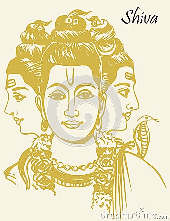 Outline Sketch of Lord Shiva with Closeup of Three head and Face of Lord Shiva Vector Illustration