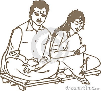 Drawing of Outline Vector Illustration of Hindu Marriage Ritual. Bride and Groom Sitting Together in a Marriage Vector Illustration