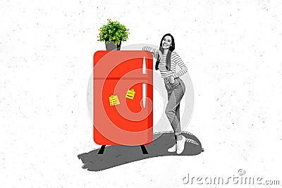 Drawing painting collage of happy maid lady mother enjoy kitchen store purchase new fridge model buying Stock Photo