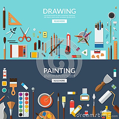 Drawing and painting. Fine art and creative process conceptual banners. Vector Illustration