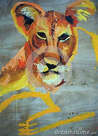Drawing painting of a lioness on a wood Stock Photo