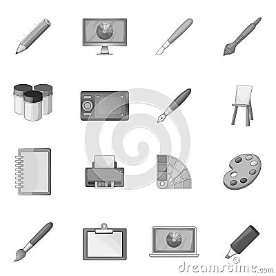 Drawing and painting tool icons set monochrome Vector Illustration