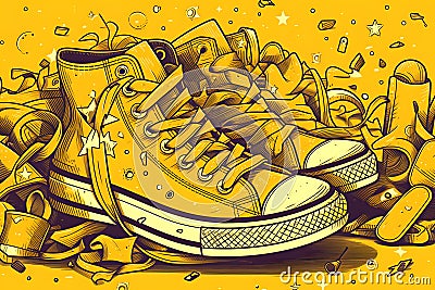 Drawing of pair of yellow sneakers with stars and confetti. Generative AI Stock Photo