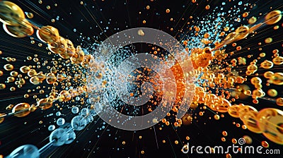 A drawing of a particle collision showing particles moving in both directions simultaneously representing the idea of Stock Photo