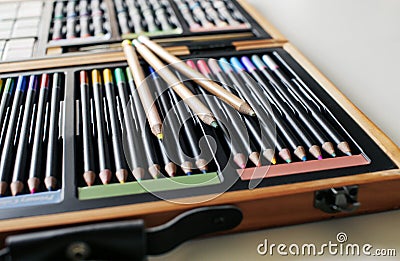 Drawing pastel case with many colors Stock Photo