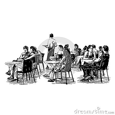 Drawing of people are sitting at restaurant outdoor Vector Illustration