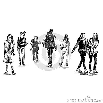 Drawing of the people walking at public space show isolate Vector Illustration