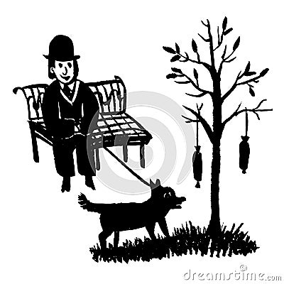 Drawing picture of a man sitting on a park bench and walking a dog by a tree on which hanging sausages, sketch,doo Vector Illustration