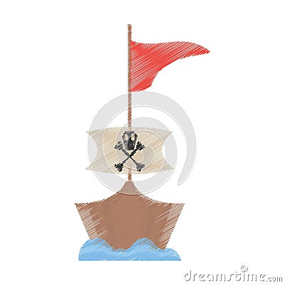 drawing pirate boat sail flag bone and skull sea Cartoon Illustration