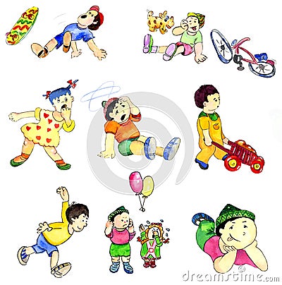 Drawing playing children in different game situations Stock Photo